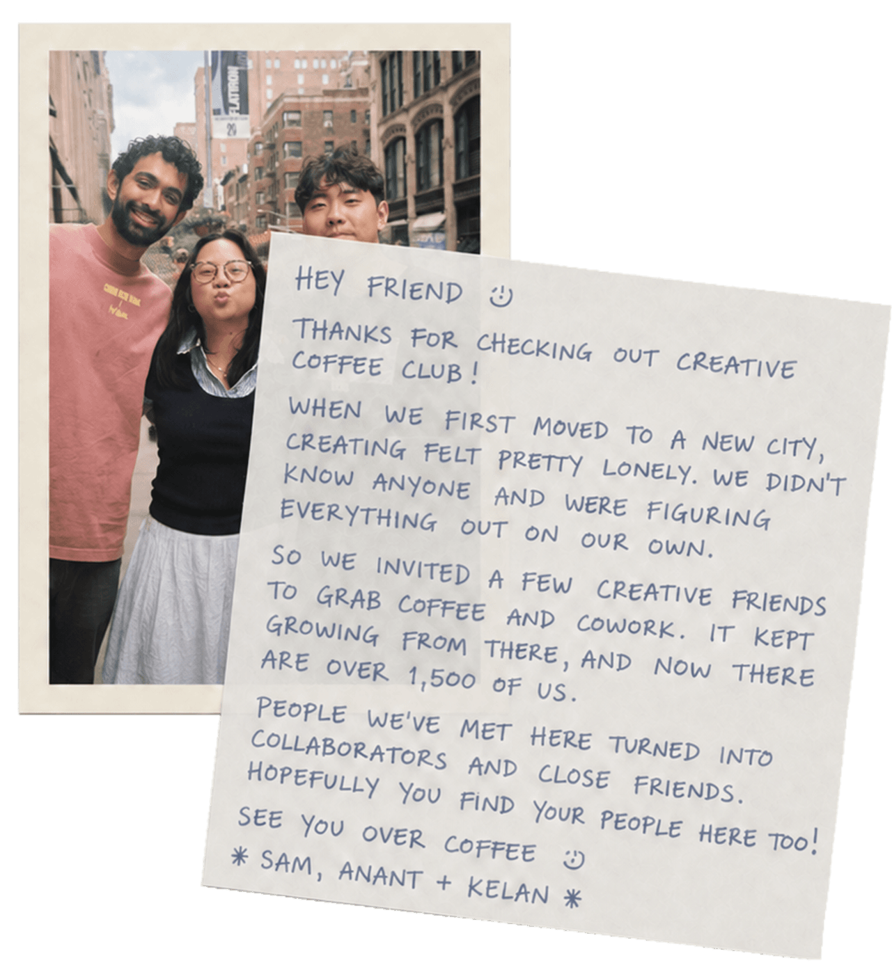 A handwritten note from the founders of Creative Coffee Club with a polaroid photo of Sam, Anant, and Kelan